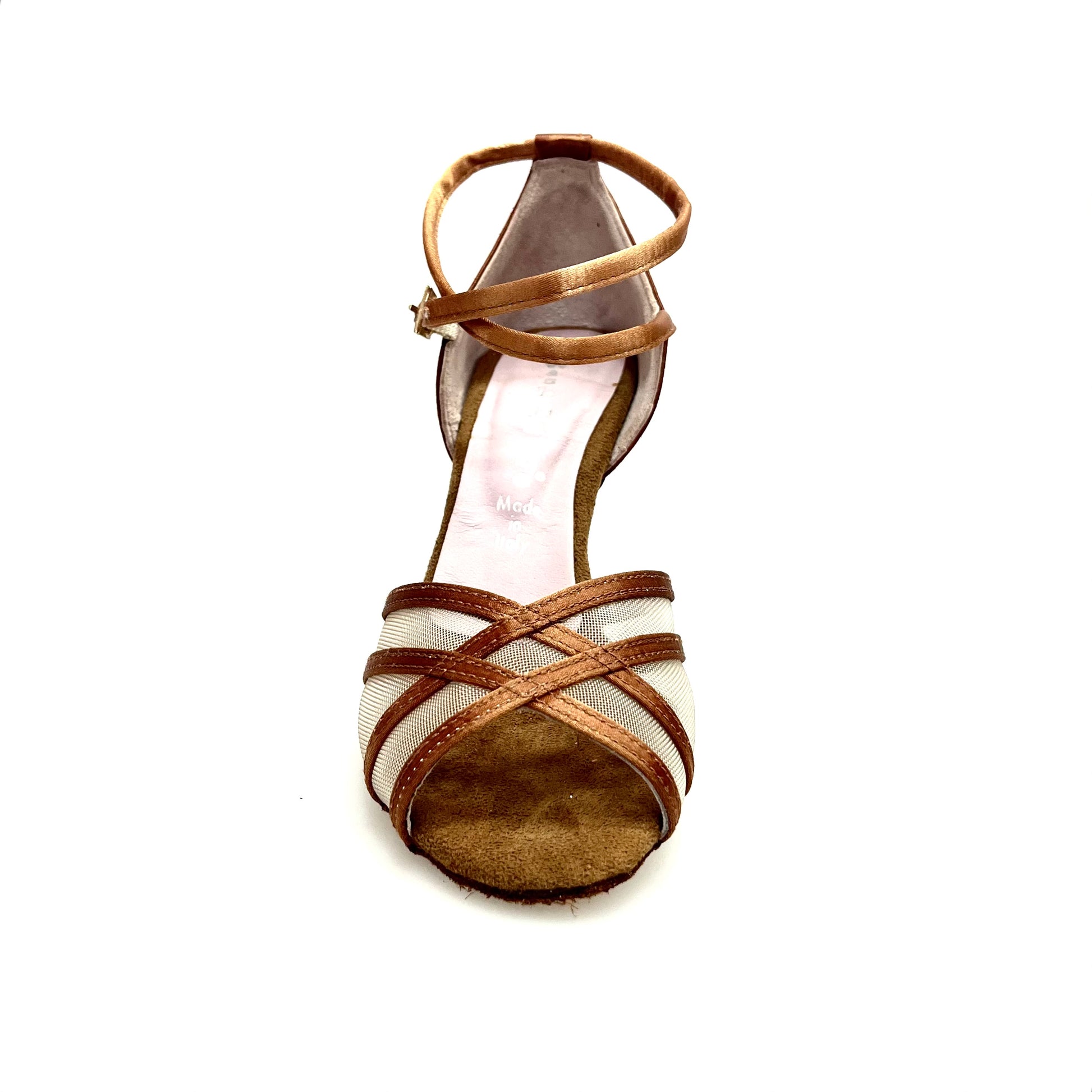 Scarpa da ballo Wishdance Melany QB in raso seta bronzo con retina, cinturino doppio e tacco rocchetto, donna.
