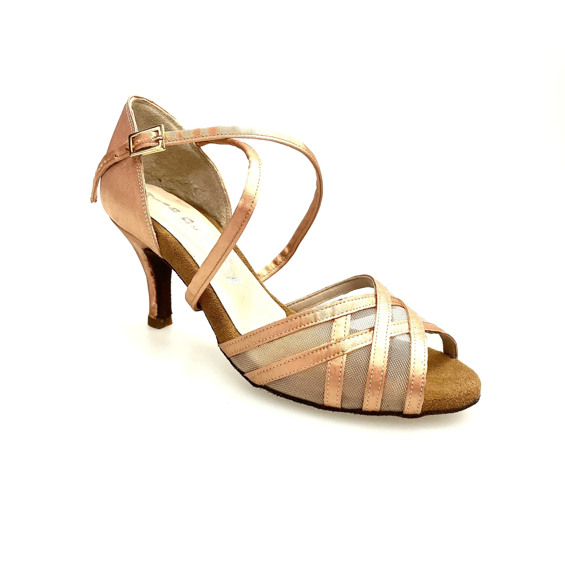 Scarpa Wishdance Melany QC da donna in raso carne con retina, tacco stiletto, cinturino incrociato e cuscino memorex.