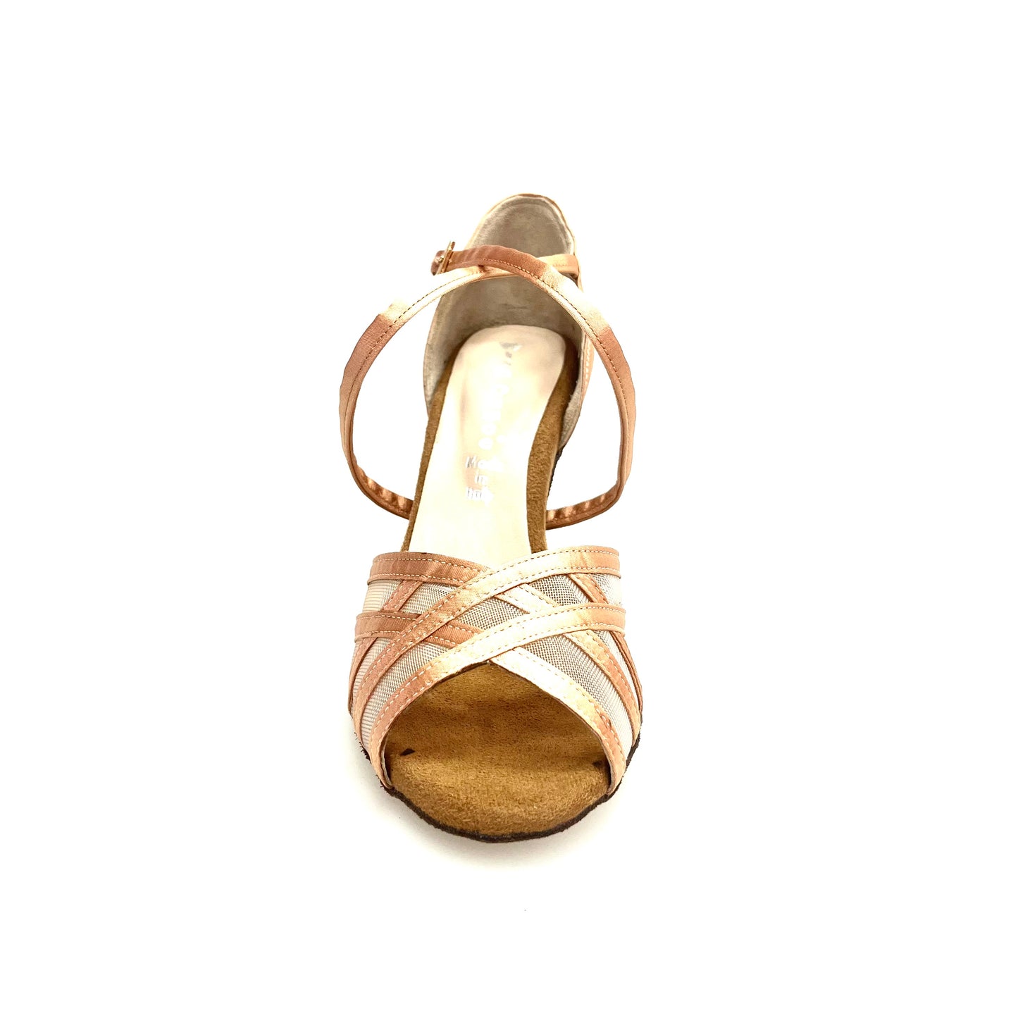 Scarpa Wishdance Melany QC in raso carne con retina, cinturino incrociato, tacco stiletto e cuscino memorex, vista frontale.