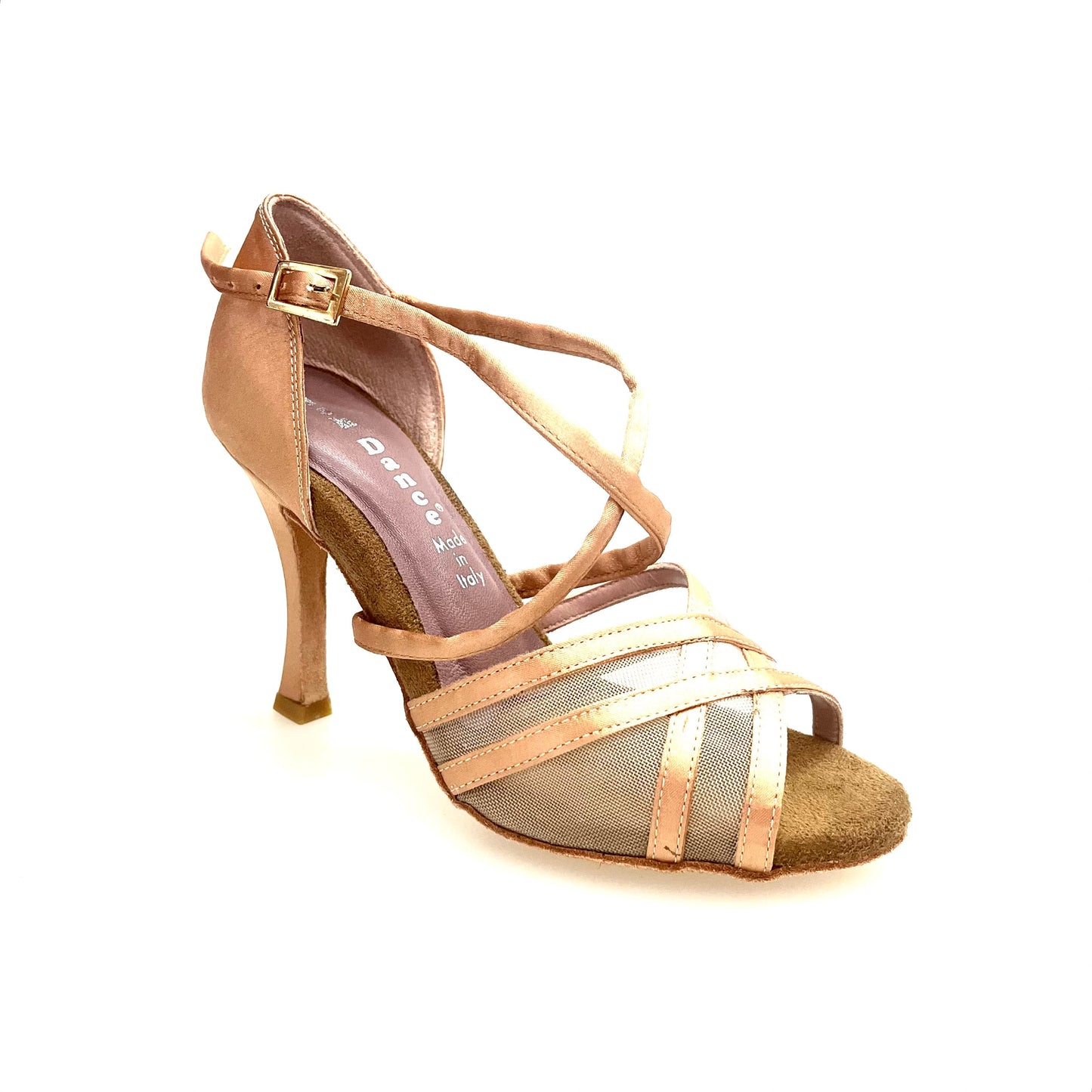 Scarpa Wishdance Melany QC da donna in raso carne con retina, cinturino incrociato e tacco rocchettino, vista frontale.