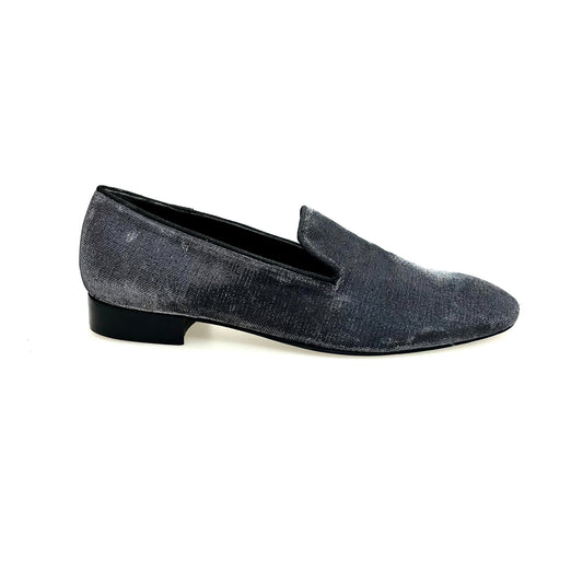 Scarpa uomo Boris MS20 mocassino in satinato fish argentato con tacco in legno, forma lunga, stile elegante e moderno