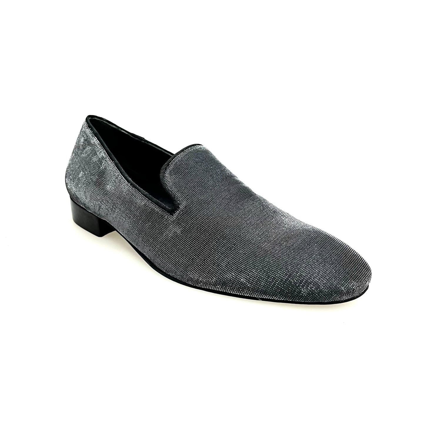 Scarpa mocassino uomo Boris MS20 in satinato argento con tacco in legno, forma lunga e elegante, ideale per occasioni speciali