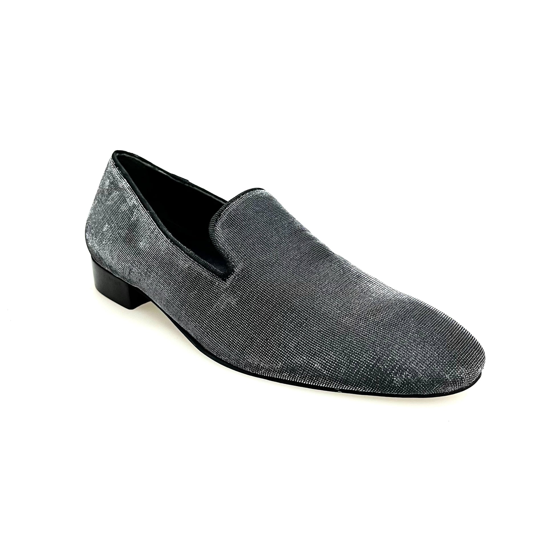 Scarpa mocassino uomo Boris MS20 in satinato argento con tacco in legno, forma lunga e elegante, ideale per occasioni speciali