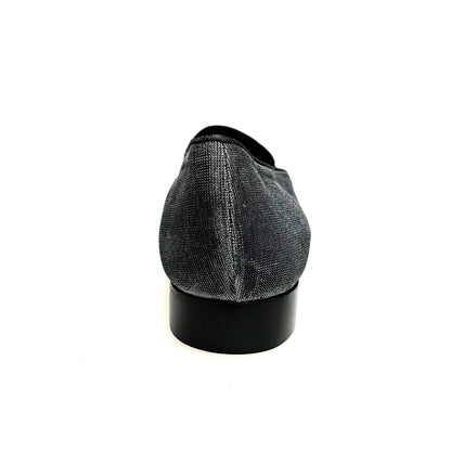 Scarpa da uomo Boris MS20 in satinato fish argento con tacco in legno, mocassino elegante e lunga, da Wish Dance Shop