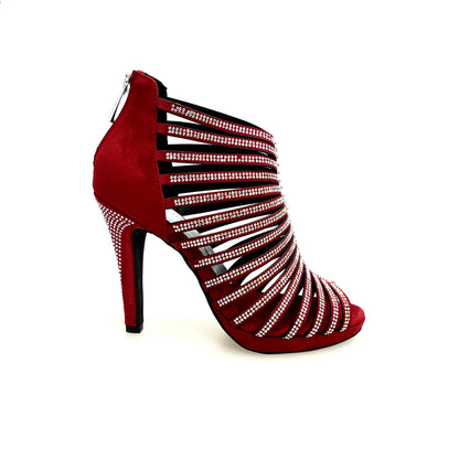 Sandalo a tronchetto donna Elsy Plus (LP7) in camoscio rosso con Swarovski, plateau flex e tacco alto a spillo largo.