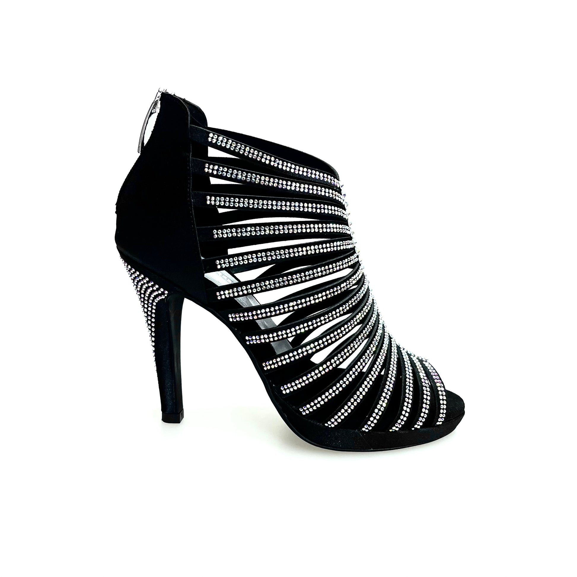 Sandalo a tronchetto da donna ElsY Plus (LP7) in raso di seta nero con Swarovski Boreali, plateau flessibile e tacco alto a spillo largo