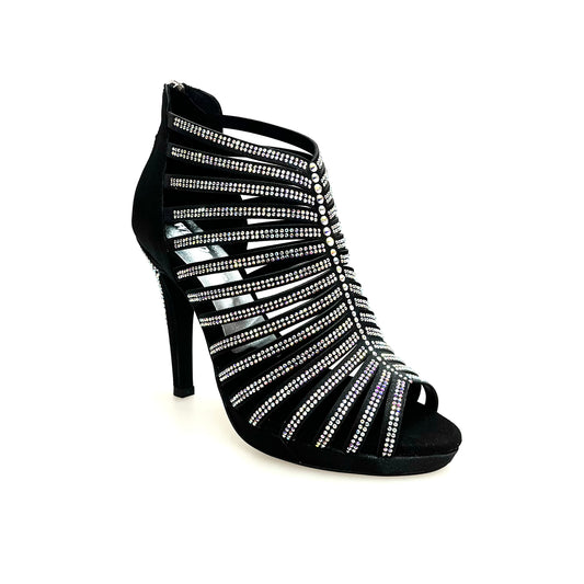 Sandalo a tronchetto da donna ElsY Plus in raso seta nero con Swarovski Boreali, plateau flex e tacco alto a spillo largo.