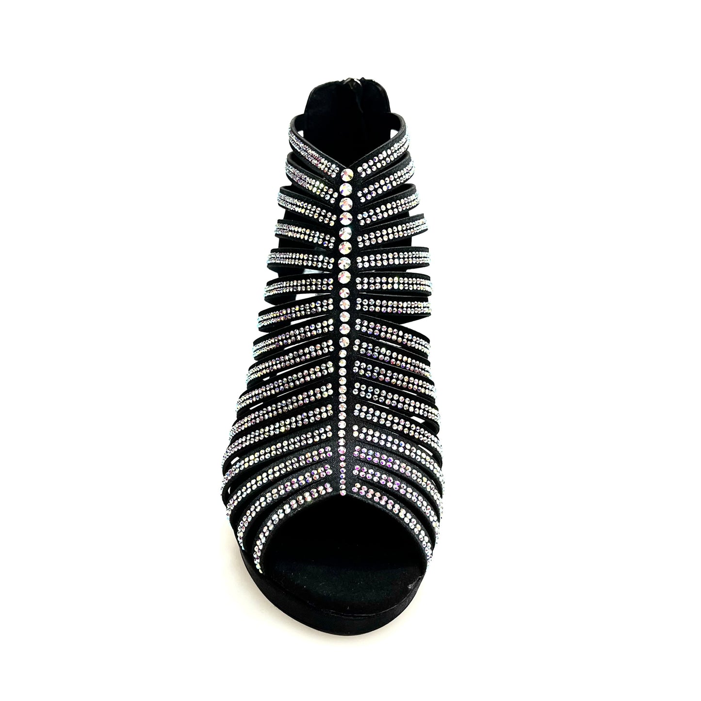 Sandalo a tronchetto donna ELSY Plus (LP7) in raso seta nero con Swarovski Boreali, plateau e tacco alto a spillo largo.