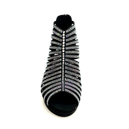 Sandalo a tronchetto donna ELSY Plus (LP7) in raso seta nero con Swarovski Boreali, plateau e tacco alto a spillo largo.