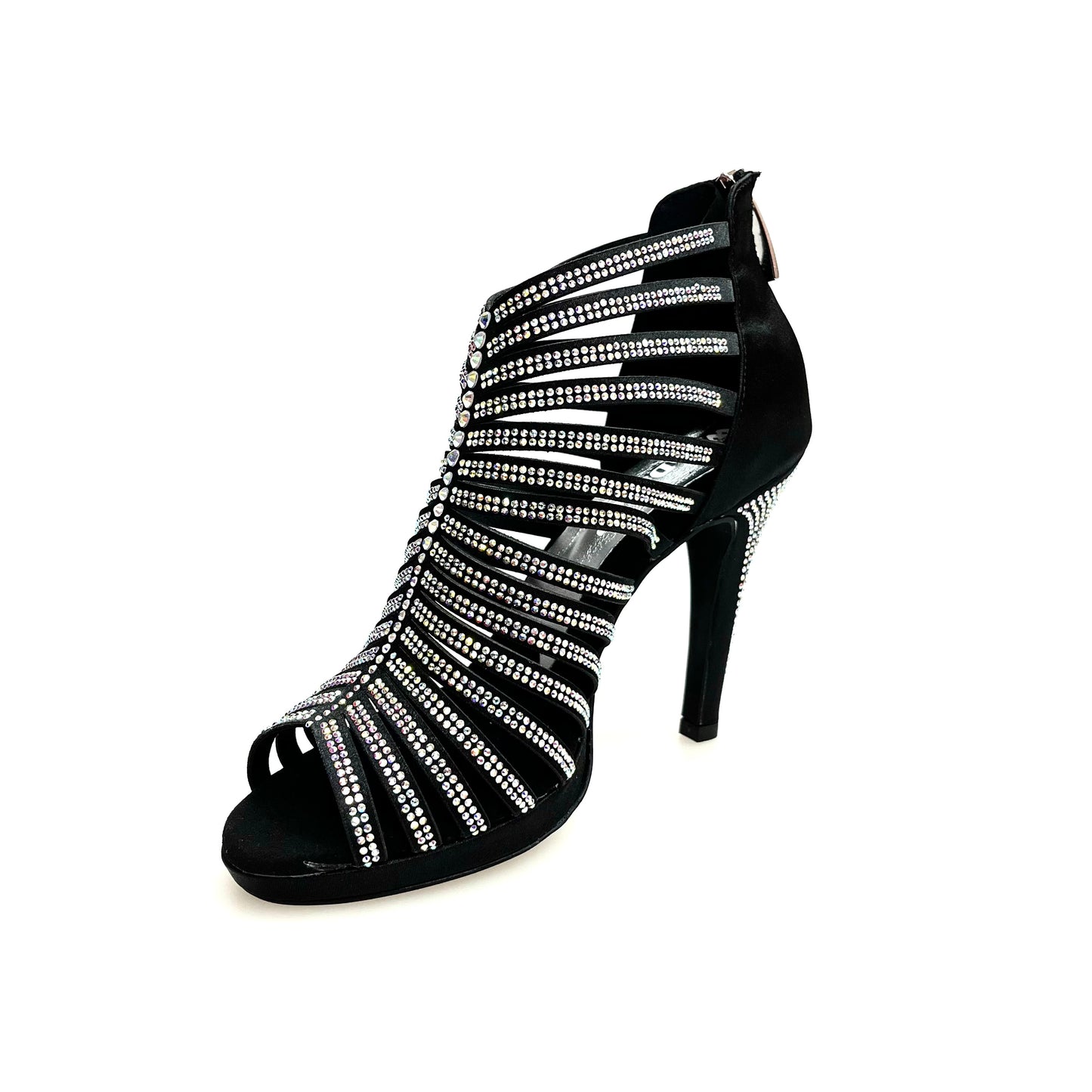 Sandalo a tronchetto donna Wish Dance Shop ELSY Plus in raso seta nero con Swarovski Boreali, plateau flex e tacco a spillo largo