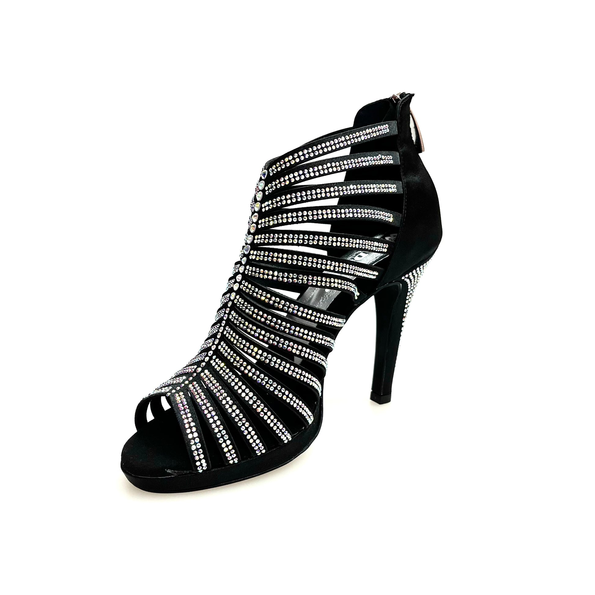Sandalo a tronchetto donna Wish Dance Shop ELSY Plus in raso seta nero con Swarovski Boreali, plateau flex e tacco a spillo largo