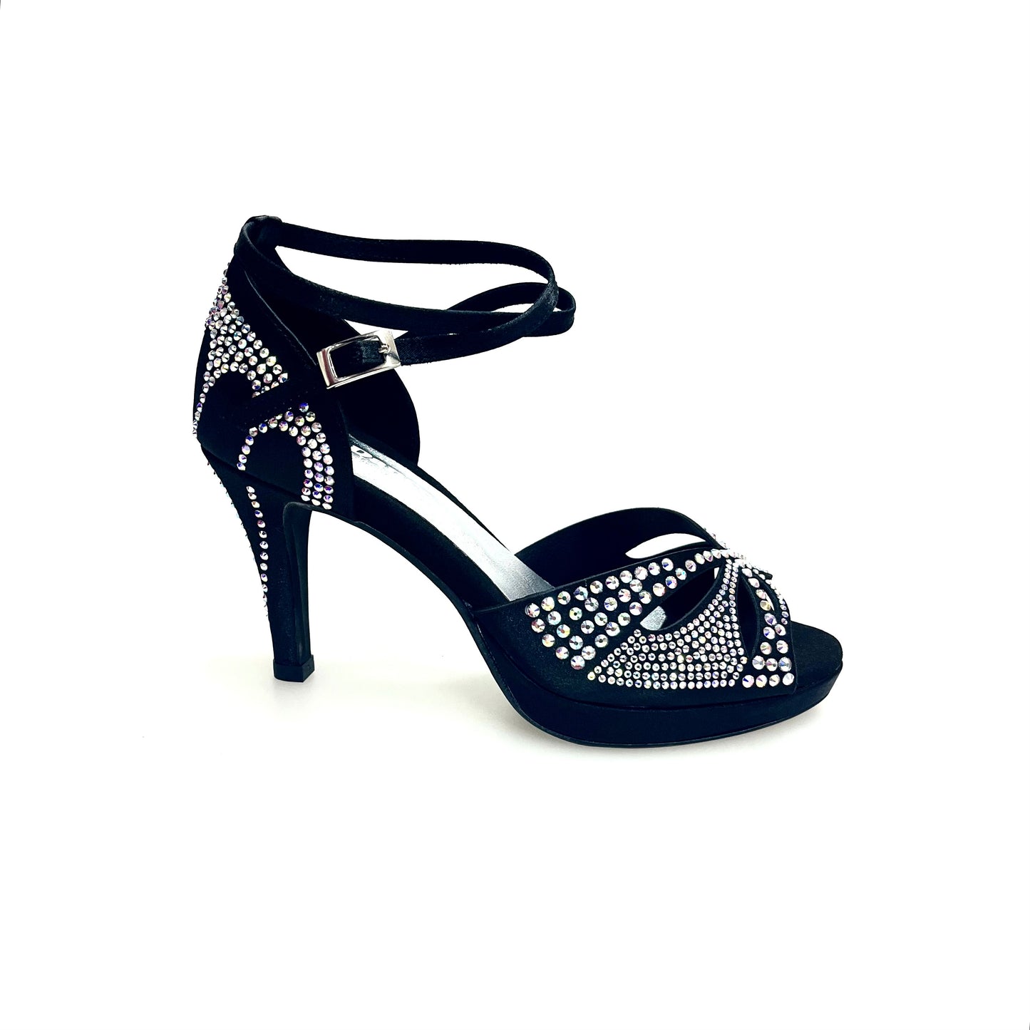 Scarpa da ballo in raso seta nera Deluxe Butterfly LP2 con Swarovski, tacco basso a spillo largo e plateau flessibile, Wish Dance Shop