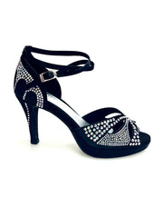 Carica immagine nella Galleria, Deluxe Butterfly (LP2) - Scarpa da Ballo in Raso Seta Nera con Swarovski Tacco Basso a Spillo Largo e Plateau Flex
