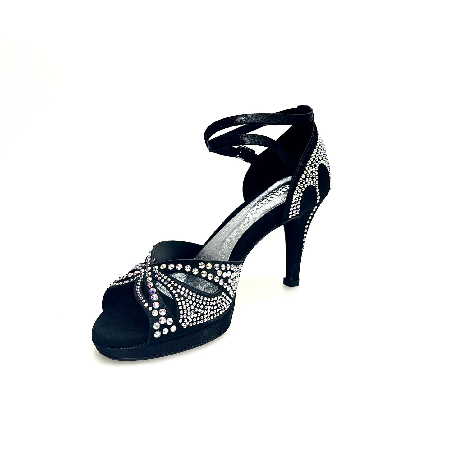 Scarpa da ballo in raso seta nera Deluxe Butterfly LP2 con Swarovski, tacco basso a spillo largo e plateau flexible, Wish Dance Shop