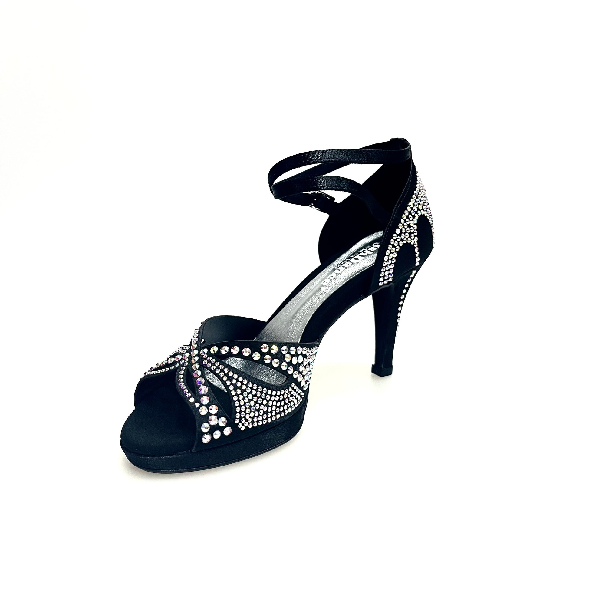 Scarpa da ballo in raso seta nera Deluxe Butterfly LP2 con Swarovski, tacco basso a spillo largo e plateau flexible, Wish Dance Shop