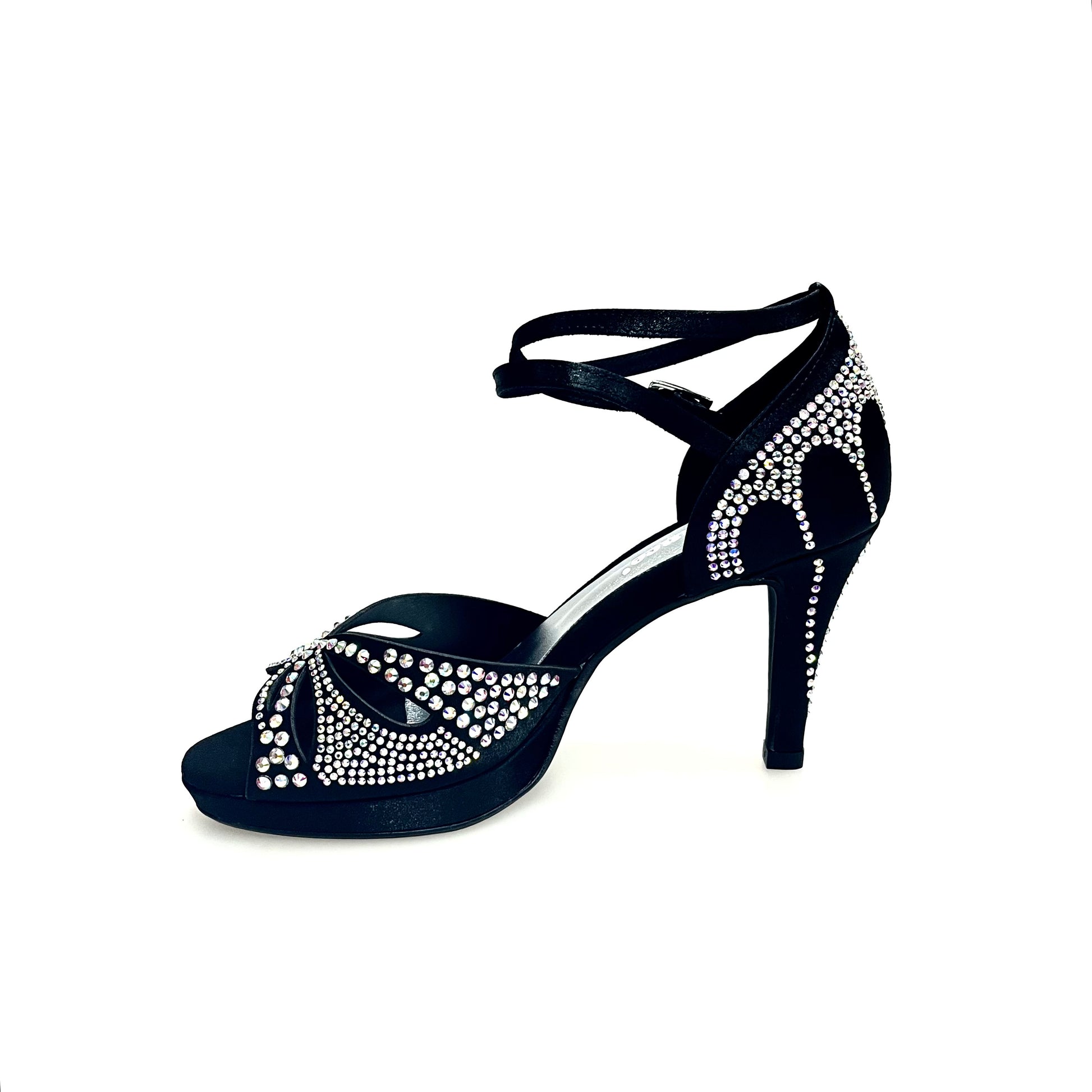 Scarpa da ballo in raso seta nera Deluxe Butterfly LP2 con Swarovski, tacco basso a spillo largo e plateau flessibile.