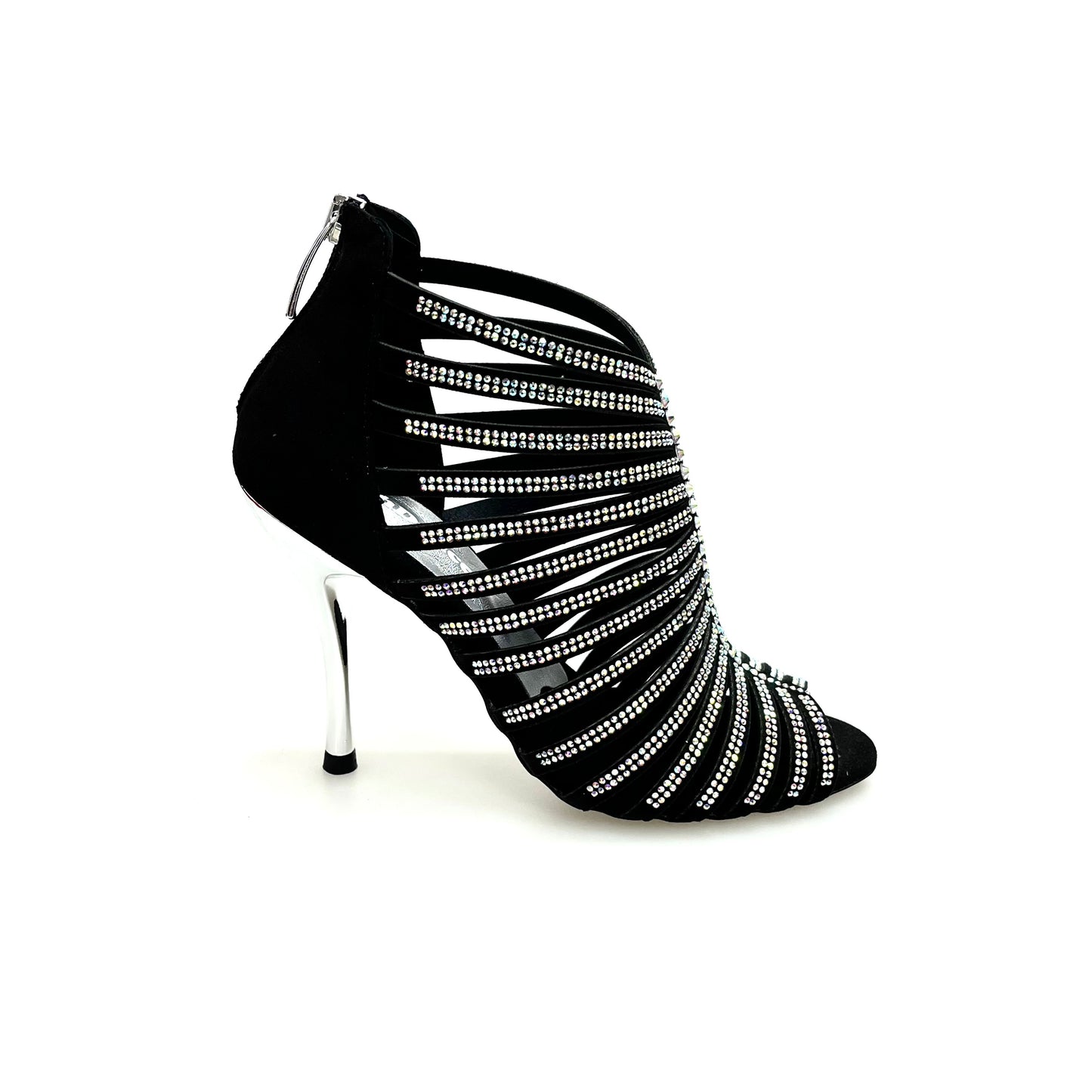 Sandalo a tronchetto donna ELSY Plus (L7) in raso seta nero con Swarovski Boreali e tacco a spillo laminato argento.