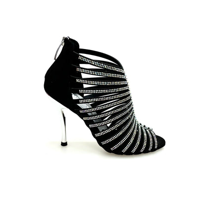 Sandalo a tronchetto donna ELSY Plus (L7) in raso seta nero con Swarovski Boreali e tacco a spillo laminato argento.