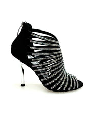 Carica immagine nella Galleria, ELSY Plus (L7) - Sandalo a Tronchetto Da Donna in Raso Seta Nero Con Swarovski Boreali e Tacco a Spillo Laminato Argento
