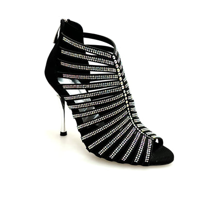 Sandalo a tronchetto donna ElsY Plus (L7) in raso seta nero con Swarovski Boreali e tacco a spillo laminato argento.