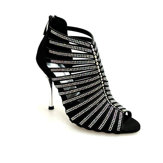 Sandalo a tronchetto donna ElsY Plus (L7) in raso seta nero con Swarovski Boreali e tacco a spillo laminato argento.