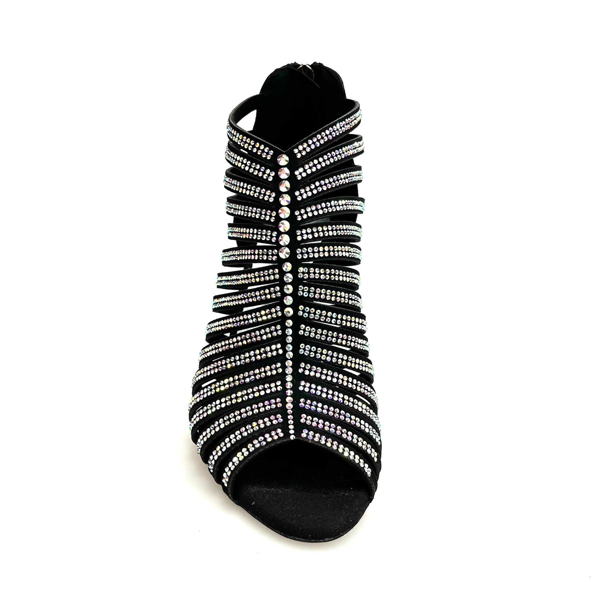 Sandalo a tronchetto da donna ELSY Plus (L7) in raso seta nero con Swarovski Boreali e tacco a spillo laminato argento