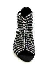 Carica immagine nella Galleria, ELSY Plus (L7) - Sandalo a Tronchetto Da Donna in Raso Seta Nero Con Swarovski Boreali e Tacco a Spillo Laminato Argento
