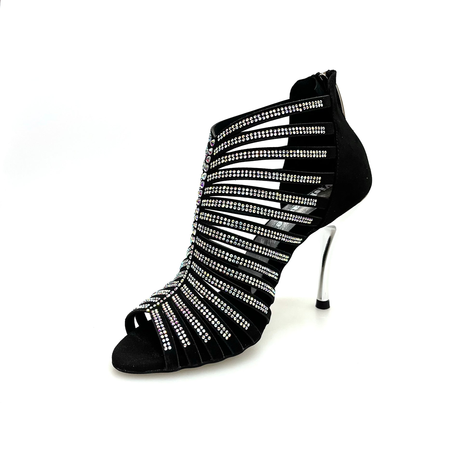 Sandalo a tronchetto da donna Elsy Plus in raso seta nero con Swarovski Boreali e tacco a spillo laminato argento, Wish Dance Shop