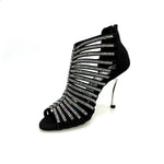 Load image into Gallery viewer, ELSY Plus (L7) - Sandalo a Tronchetto Da Donna in Raso Seta Nero Con Swarovski Boreali e Tacco a Spillo Laminato Argento
