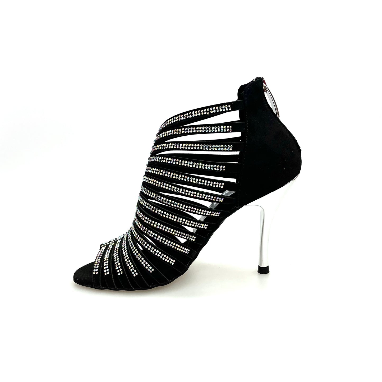 Sandalo a tronchetto donna ELSY Plus (L7) in raso seta nero con Swarovski Boreali e tacco a spillo laminato argento