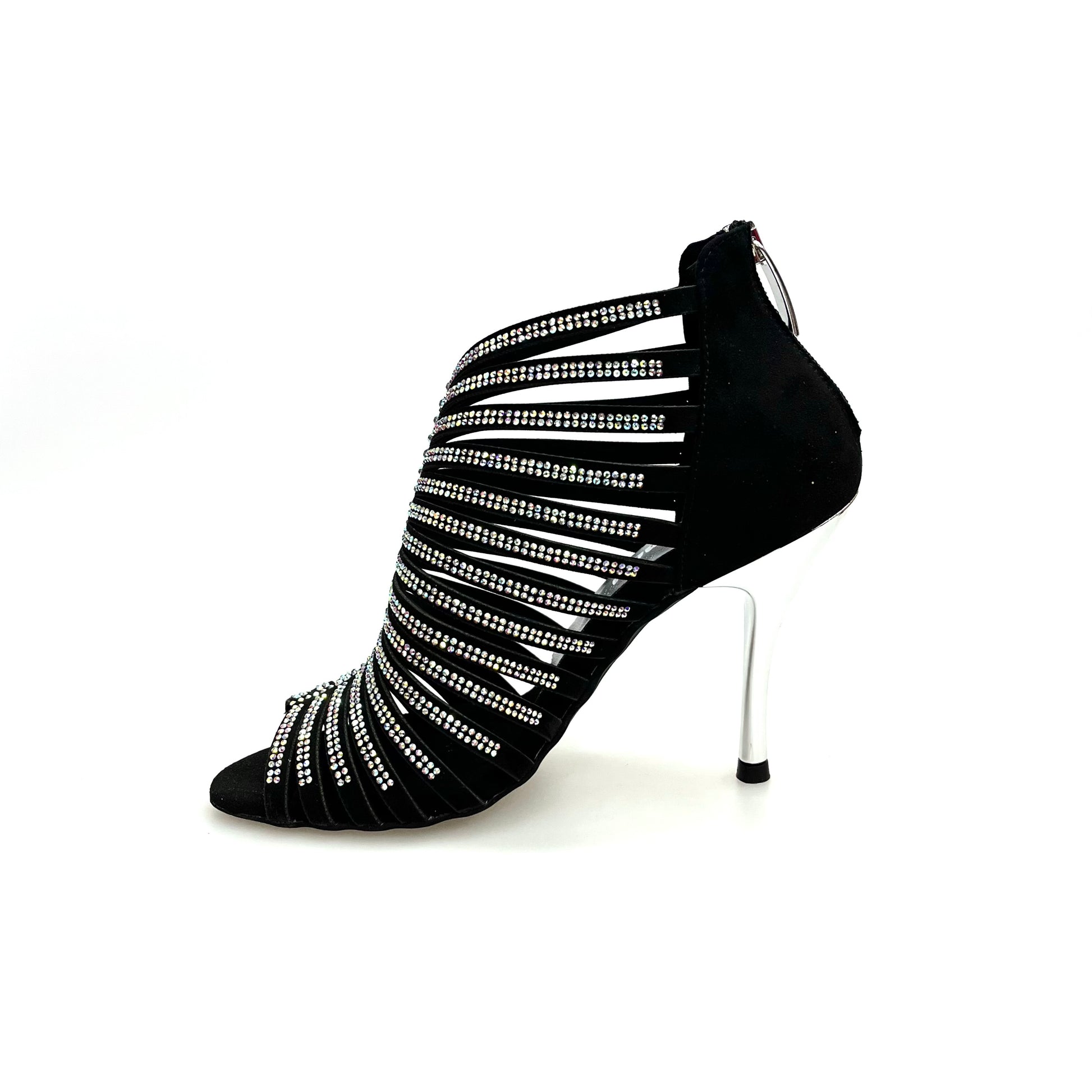 Sandalo a tronchetto donna ELSY Plus (L7) in raso seta nero con Swarovski Boreali e tacco a spillo laminato argento
