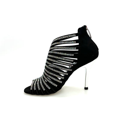 Sandalo a tronchetto donna ELSY Plus (L7) in raso seta nero con Swarovski Boreali e tacco a spillo laminato argento