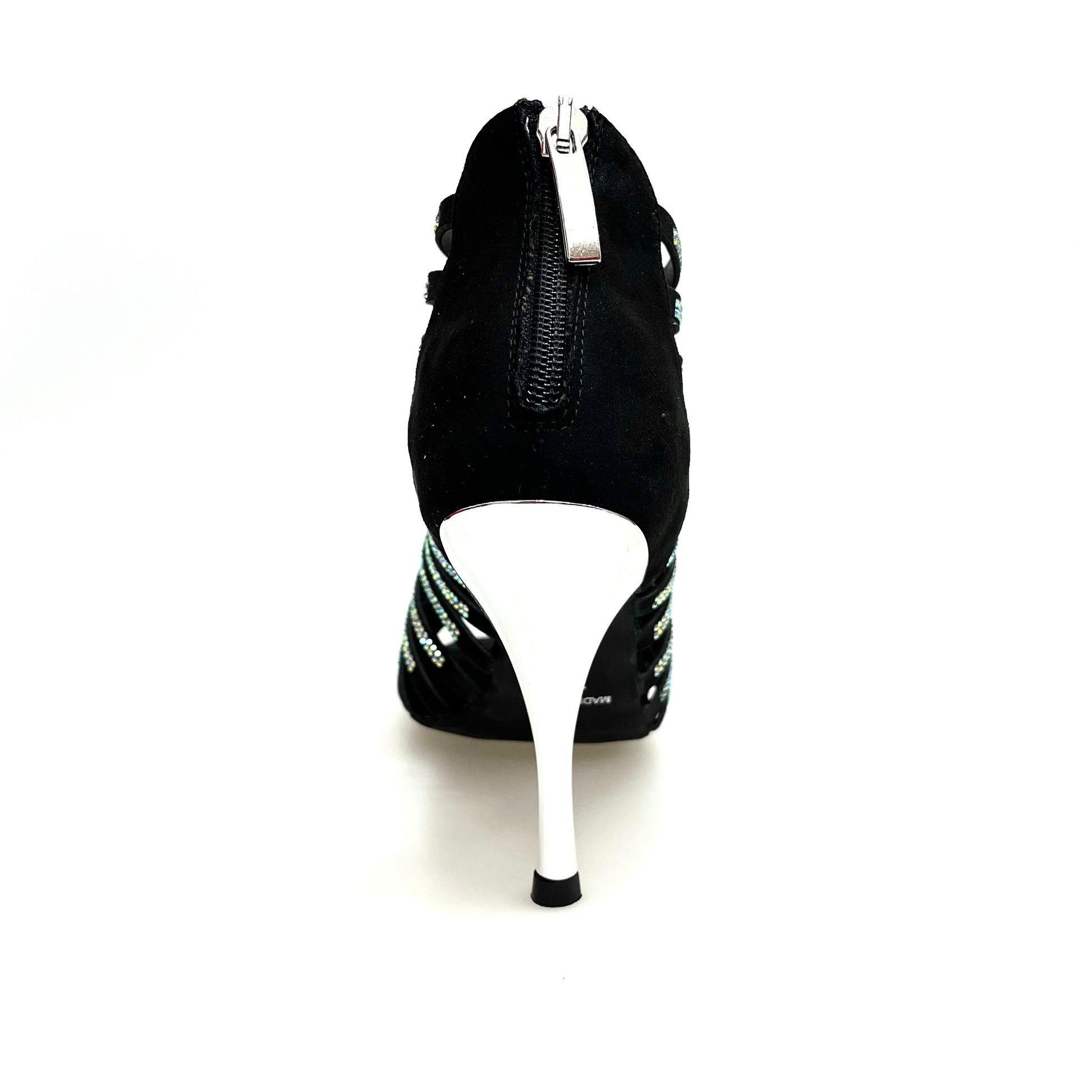 Sandalo a tronchetto donna ELSY Plus (L7) in raso seta nero con Swarovski Boreali e tacco a spillo laminato argento.