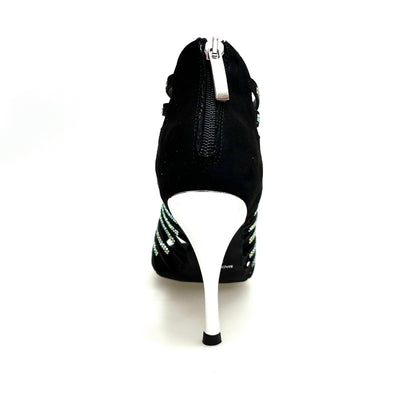 Sandalo a tronchetto donna ELSY Plus (L7) in raso seta nero con Swarovski Boreali e tacco a spillo laminato argento.