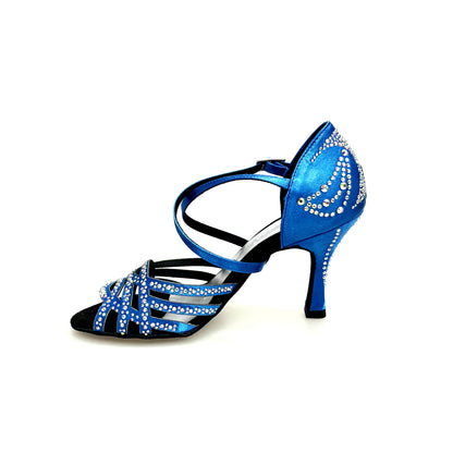 Scarpa da donna Carolin QC Wish Dance Shop linea Bi-Flex in raso seta blu royal con Swarovski boreali e tacco a rocchetto alto