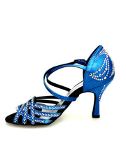 Carica immagine nella Galleria, CAROLIN QC (Marea L14) - Scarpa Da Donna Linea Bi-Flex in Raso Seta Blu Royal Con Swarovski Boreali e Tacco a Rocchetto/Slim Latino Alto
