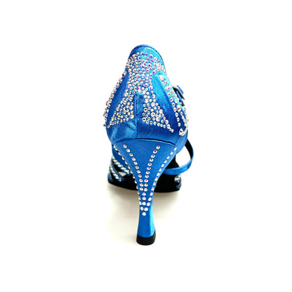 Scarpa da donna Carolin QC Marea L14 Wish Dance Shop, raso seta blu royal, Swarovski Boreali, tacco a rocchetto slim alto.