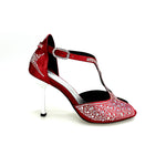 Load image into Gallery viewer, MIRIAM Temptation Plus (L6) - Scarpa Da Donna in Raso Seta Rosso Con Swarovski Boreali e Tacco a Stiletto Laminato Argento
