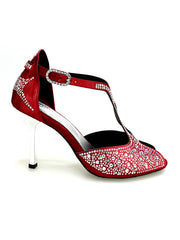 Load image into Gallery viewer, MIRIAM Temptation Plus (L6) - Scarpa Da Donna in Raso Seta Rosso Con Swarovski Boreali e Tacco a Stiletto Laminato Argento
