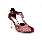 Load image into Gallery viewer, MIRIAM Temptation Plus (L6) - Scarpa Da Donna in Raso Seta Rosso Con Swarovski Boreali e Tacco a Stiletto Laminato Argento
