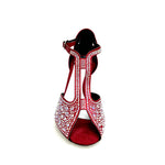 Load image into Gallery viewer, MIRIAM Temptation Plus (L6) - Scarpa Da Donna in Raso Seta Rosso Con Swarovski Boreali e Tacco a Stiletto Laminato Argento
