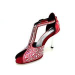 Load image into Gallery viewer, MIRIAM Temptation Plus (L6) - Scarpa Da Donna in Raso Seta Rosso Con Swarovski Boreali e Tacco a Stiletto Laminato Argento
