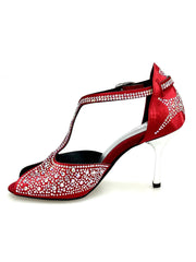 Load image into Gallery viewer, MIRIAM Temptation Plus (L6) - Scarpa Da Donna in Raso Seta Rosso Con Swarovski Boreali e Tacco a Stiletto Laminato Argento
