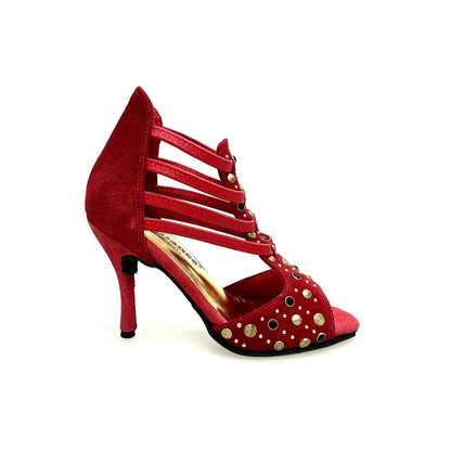 Sandalo da donna Swann Elizabeth Pirata in camoscio rosso con borchie oro, Swarovski neri e tacco a spillo, elastici oro.