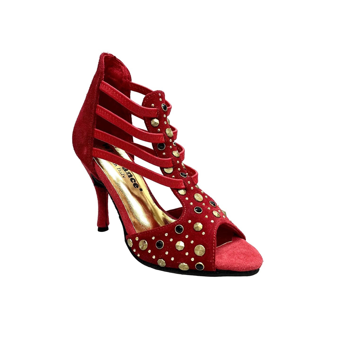 Scarpe da donna Swann Elizabeth Pirata in camoscio rosso con borchie oro, Swarovski nero e tacco a spillo rivestito in camoscio.