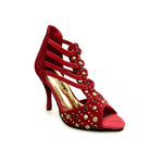 Load image into Gallery viewer, Swann Elizabeth Pirata (460PW) - Sandalo da Donna in Camoscio Rosso con Borchie Oro e Swarovski Neri Incastonati elastici Oro e tacco a spillo Rivestito Camoscio Rosso
