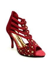 Load image into Gallery viewer, Swann Elizabeth Pirata (460PW) - Sandalo da Donna in Camoscio Rosso con Borchie Oro e Swarovski Neri Incastonati elastici Oro e tacco a spillo Rivestito Camoscio Rosso
