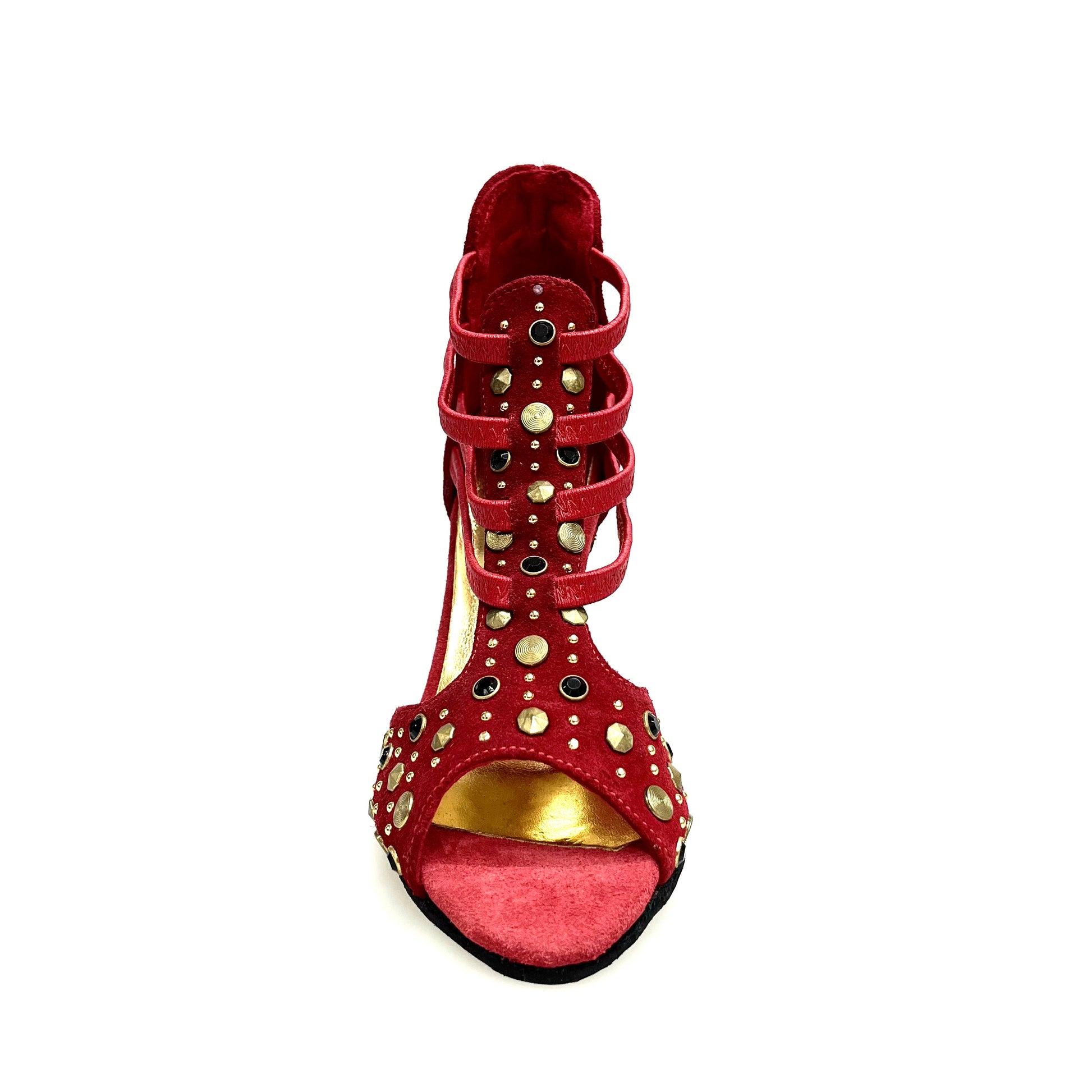 Sandalo da donna Swann Elizabeth Pirata in camoscio rosso con borchie oro, Swarovski neri e tacco a spillo rivestito