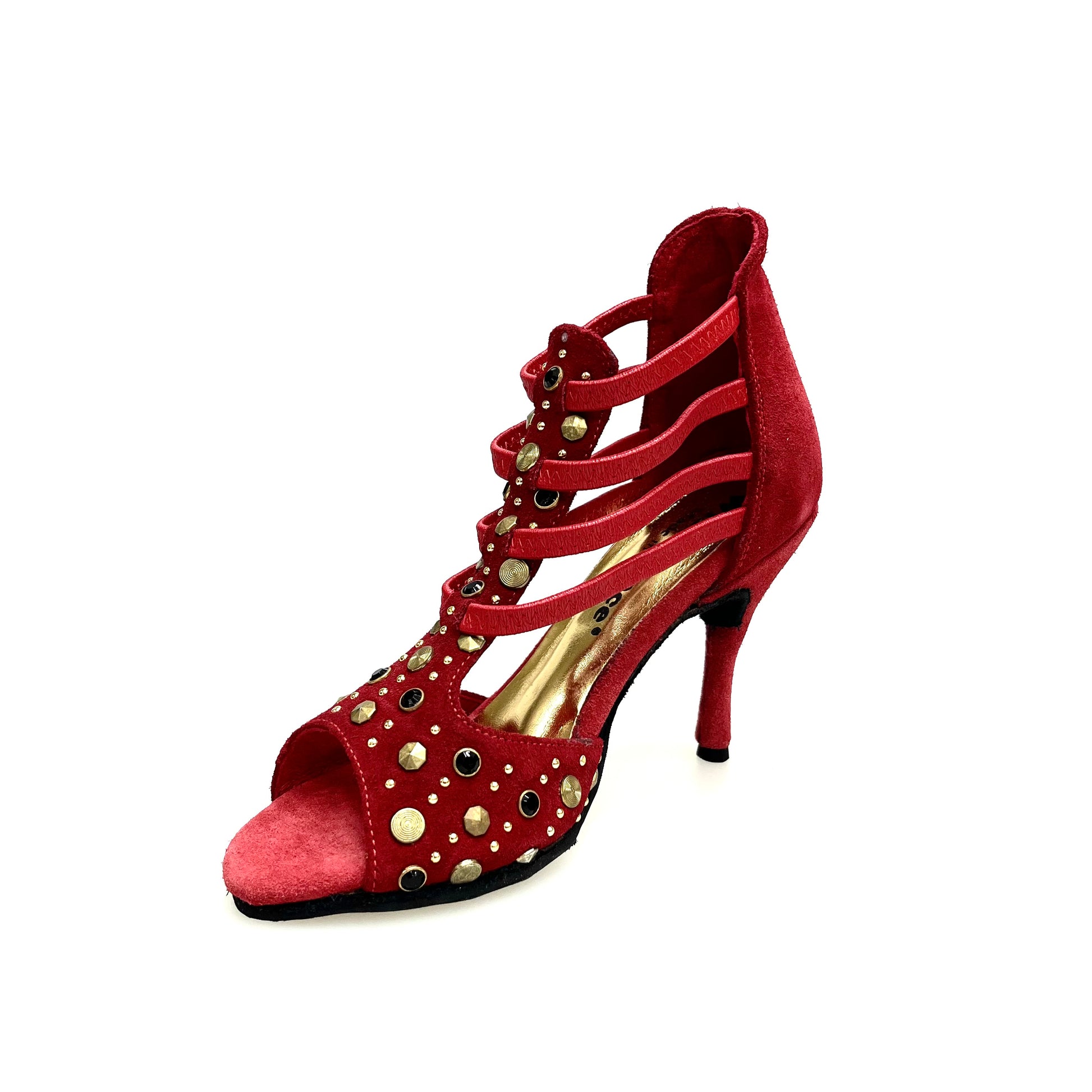 Sandalo da donna Swann Elizabeth Pirata in camoscio rosso con borchie oro, Swarovski neri e tacco a spillo rivestito in camoscio.