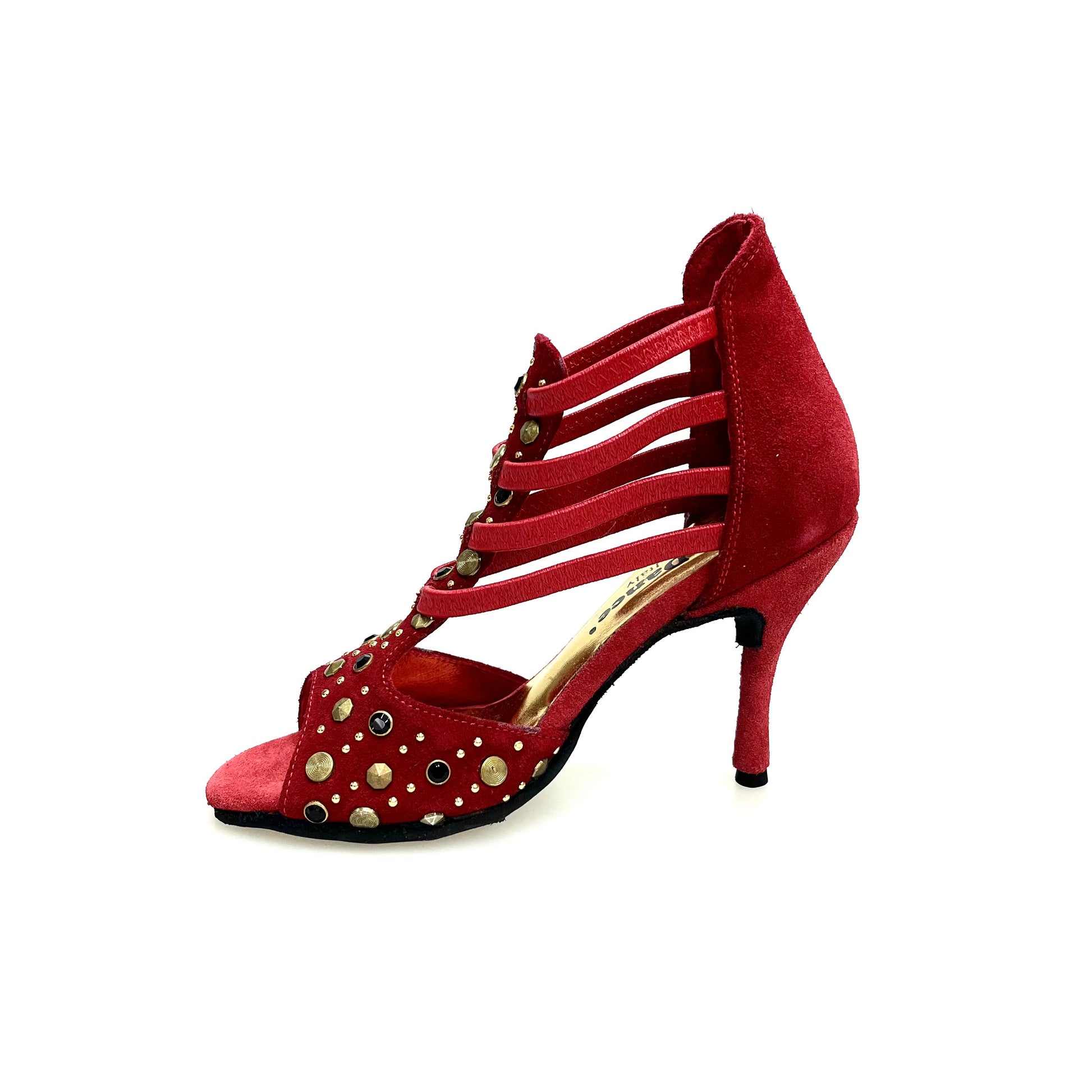 Sandalo donna Swann Elizabeth Pirata in camoscio rosso con borchie oro, Swarovski neri e tacco a spillo, dettaglio elastici oro.